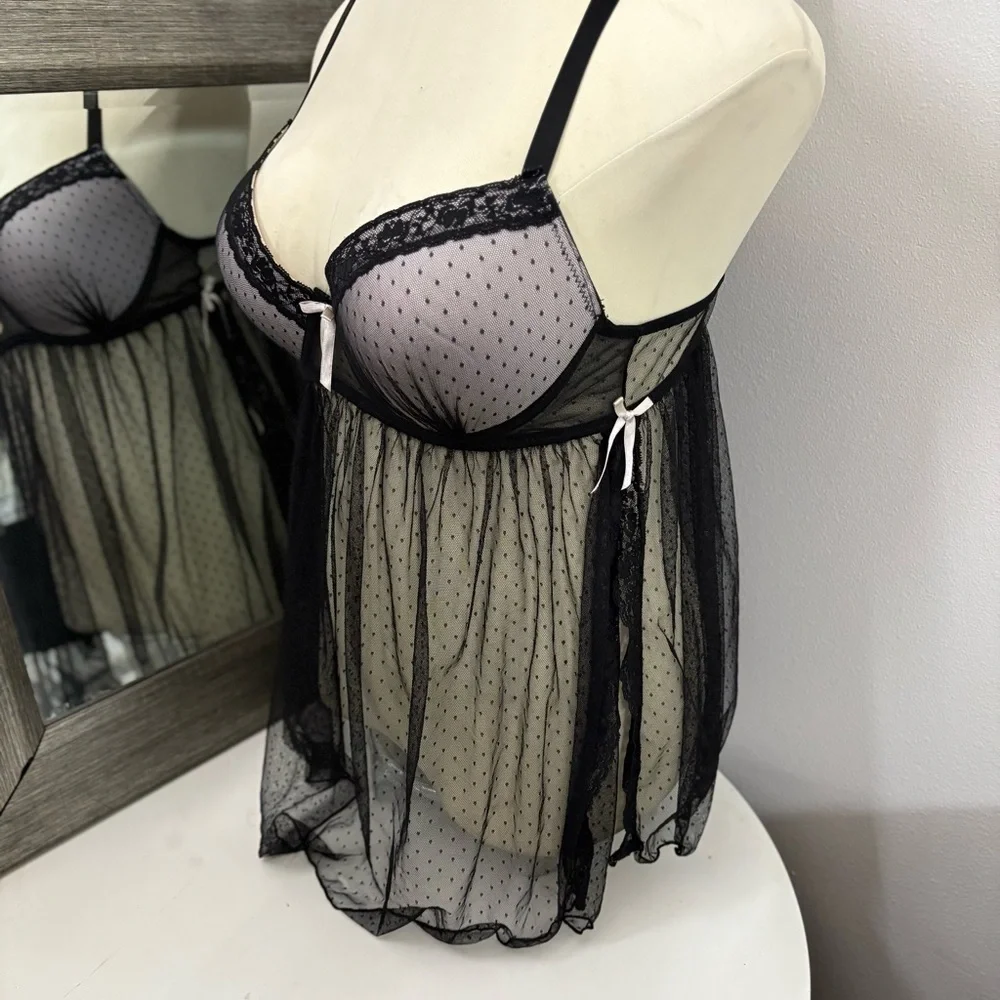 Dreamgirl Black Chemise with Lace Trim and Sheer Mesh